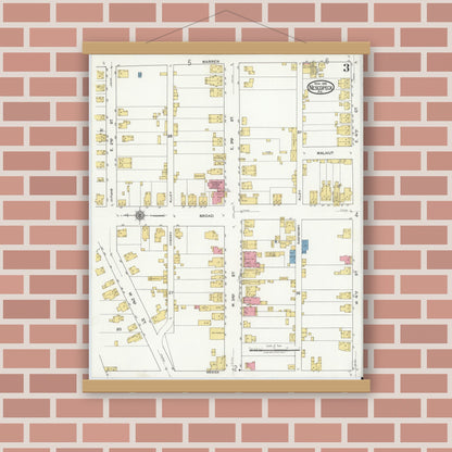 Old map wall art mockup — magnetic wood frame on brick wall — Sanborn Fire Insurance Map from Nescopeck, Luzerne County, Pennsylvania (1919), Sheet #0003