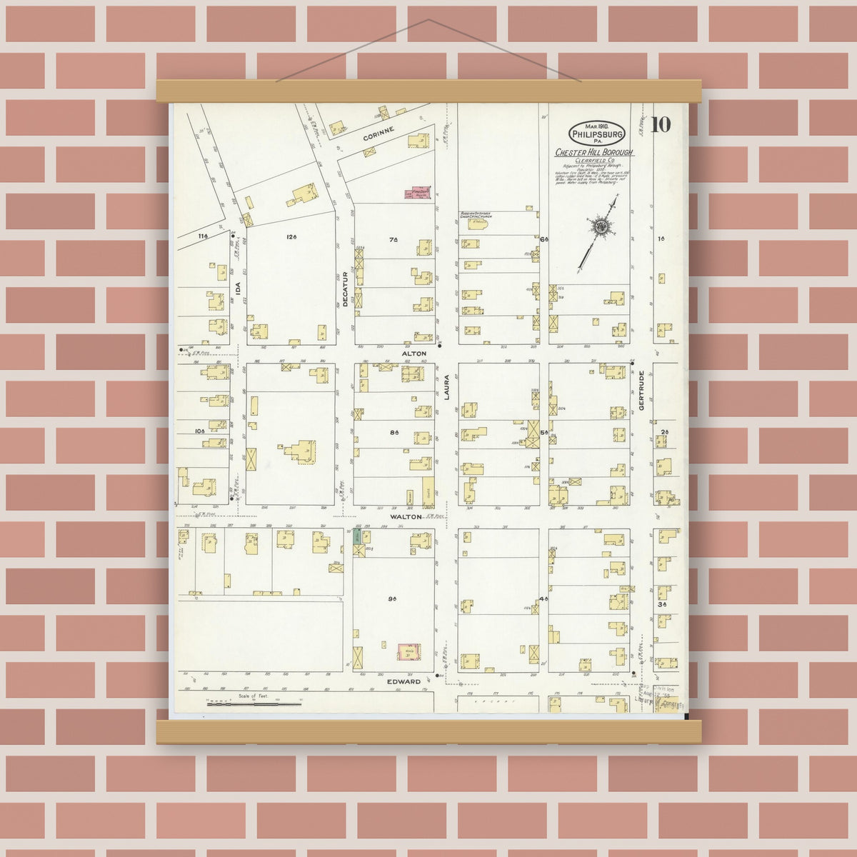 Old map wall art mockup — magnetic wood frame on brick wall — Sanborn Fire Insurance Map from Philipsburg, Centre County, Pennsylvania (1910), Sheet #0010