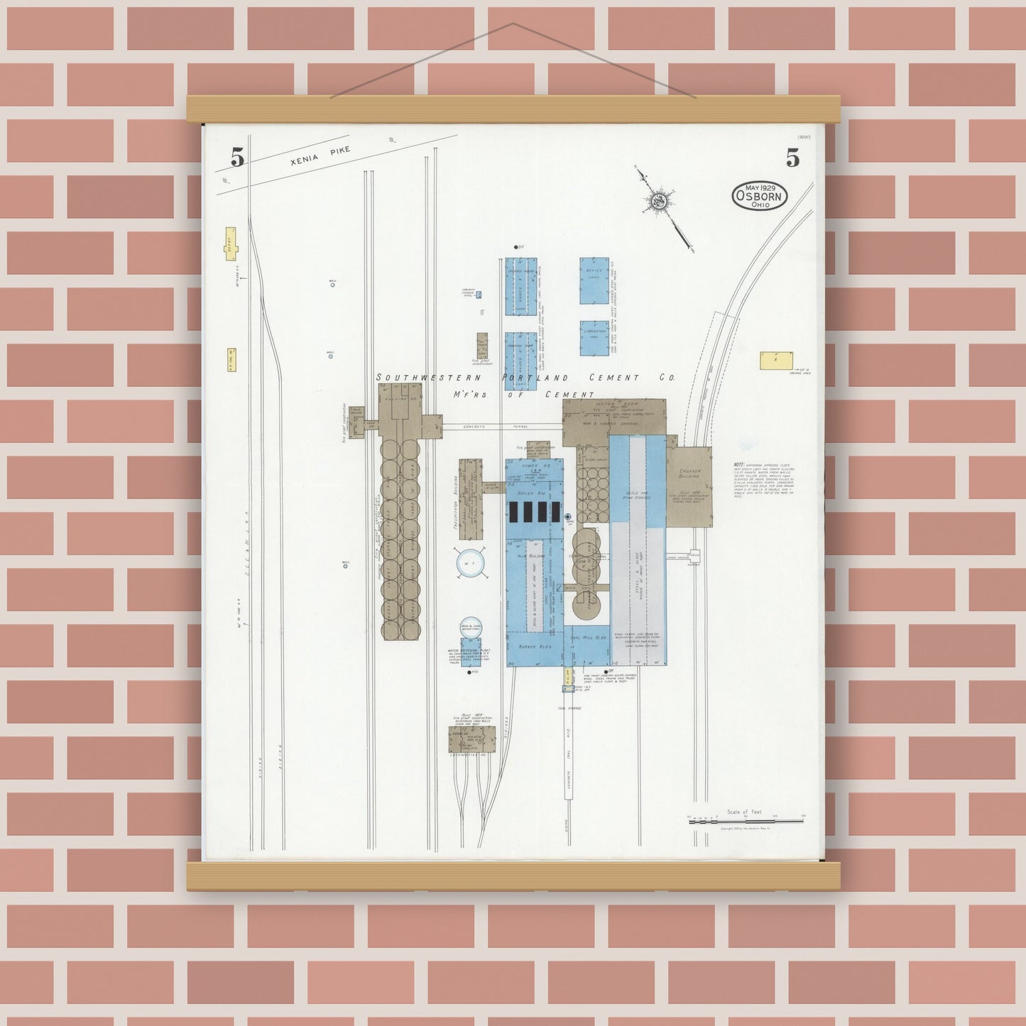 Old map wall art mockup — magnetic wood frame on brick wall — Sanborn Fire Insurance Map from Osborn, Greene County, Ohio (1929), Sheet #0005