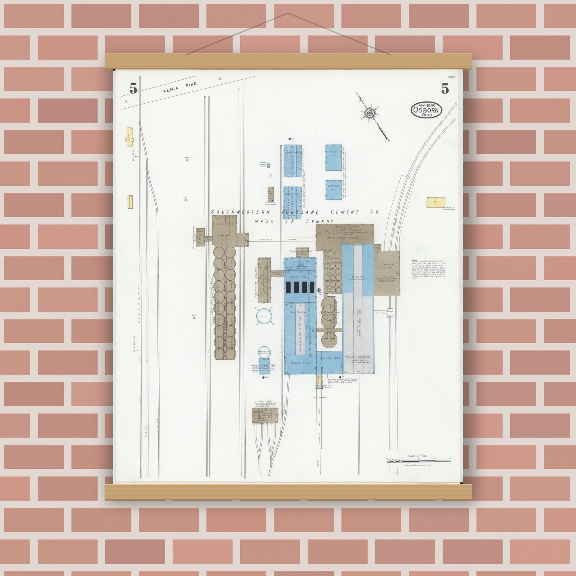 Old map wall art mockup — magnetic wood frame on brick wall — Sanborn Fire Insurance Map from Osborn, Greene County, Ohio (1929), Sheet #0005
