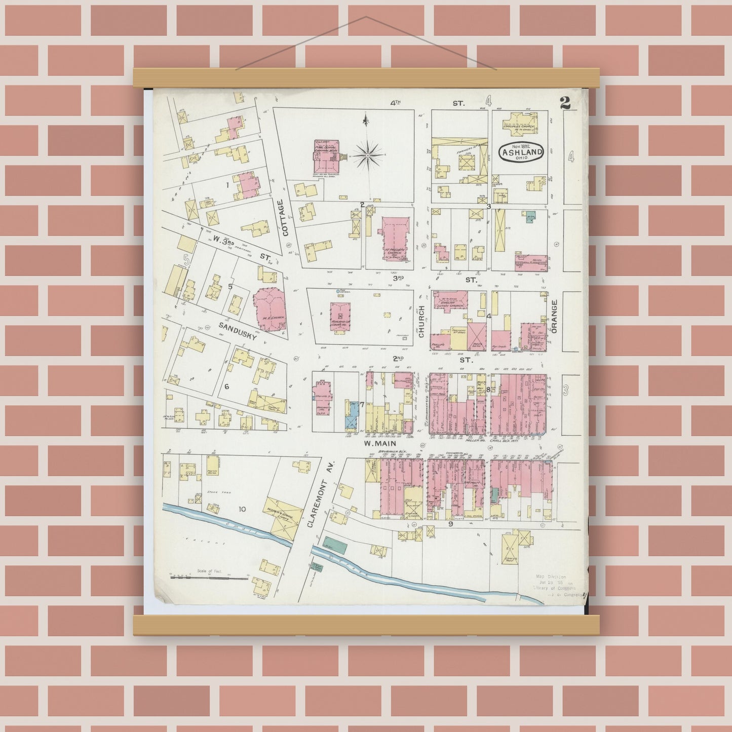Old map wall art mockup — magnetic wood frame on brick wall — Sanborn Fire Insurance Map from Ashland, Ashland County, Ohio (1893), Sheet #0002