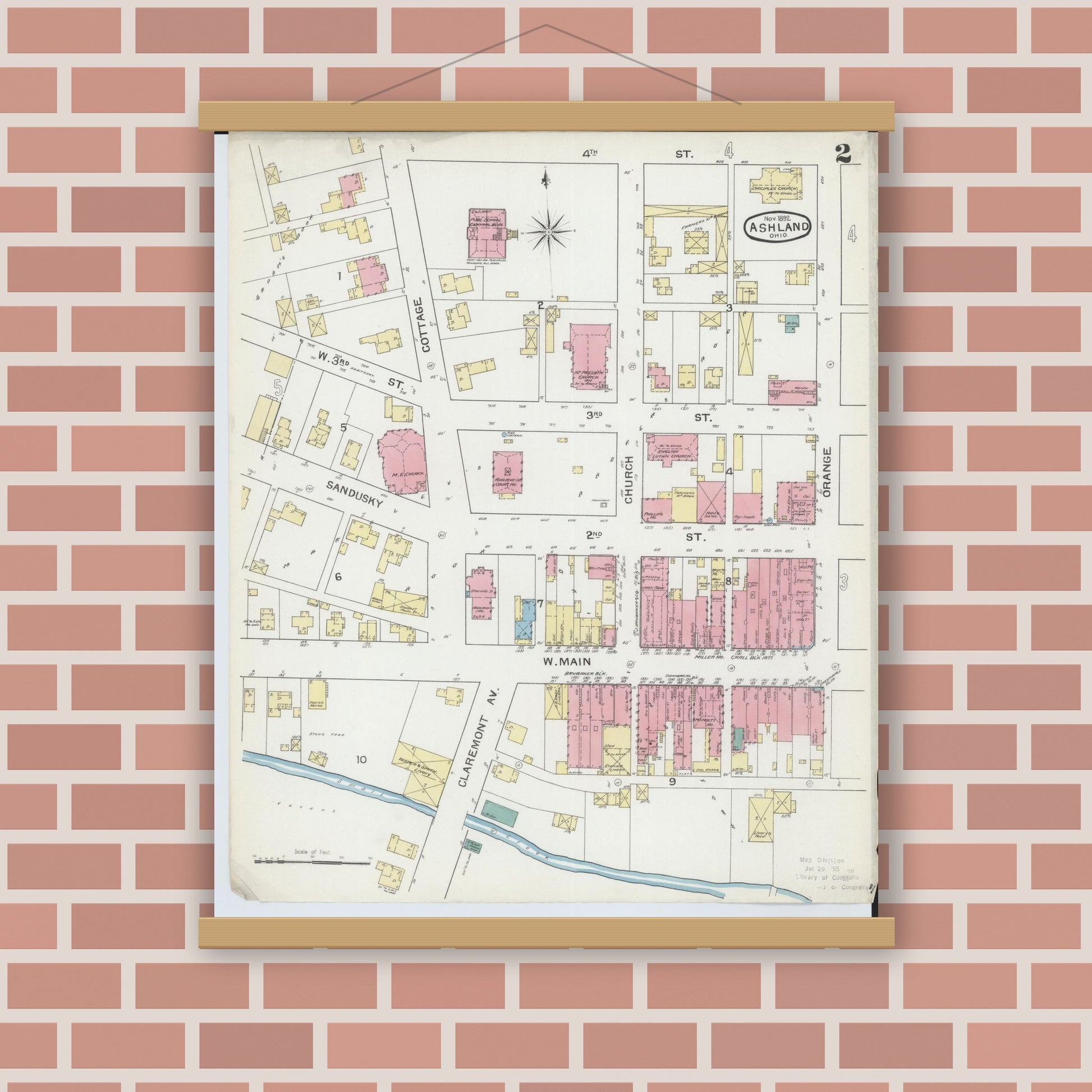 Old map wall art mockup — magnetic wood frame on brick wall — Sanborn Fire Insurance Map from Ashland, Ashland County, Ohio (1893), Sheet #0002