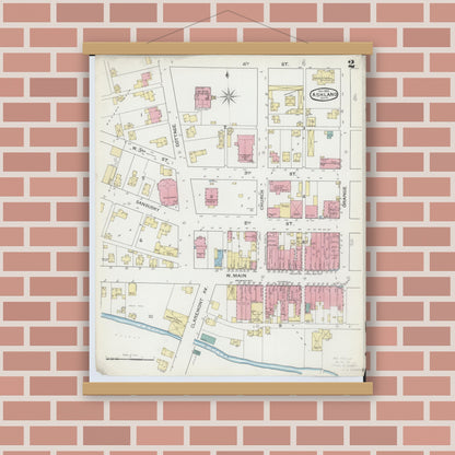 Old map wall art mockup — magnetic wood frame on brick wall — Sanborn Fire Insurance Map from Ashland, Ashland County, Ohio (1893), Sheet #0002