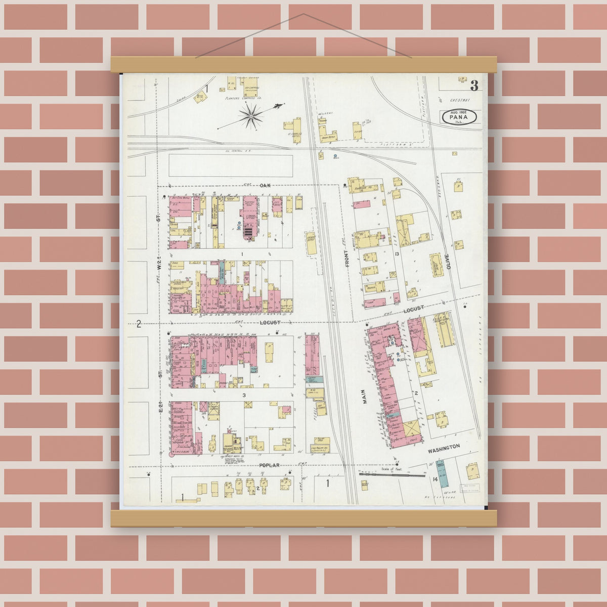 Old map wall art mockup — magnetic wood frame on brick wall — Sanborn Fire Insurance Map from Pana, Christian County, Illinois (1902), Sheet #0003