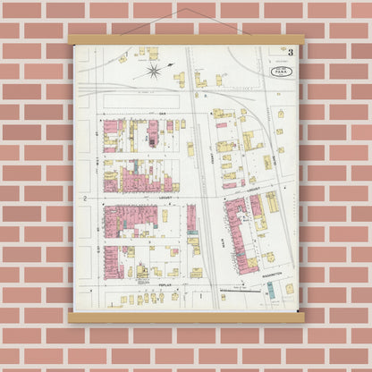 Old map wall art mockup — magnetic wood frame on brick wall — Sanborn Fire Insurance Map from Pana, Christian County, Illinois (1902), Sheet #0003