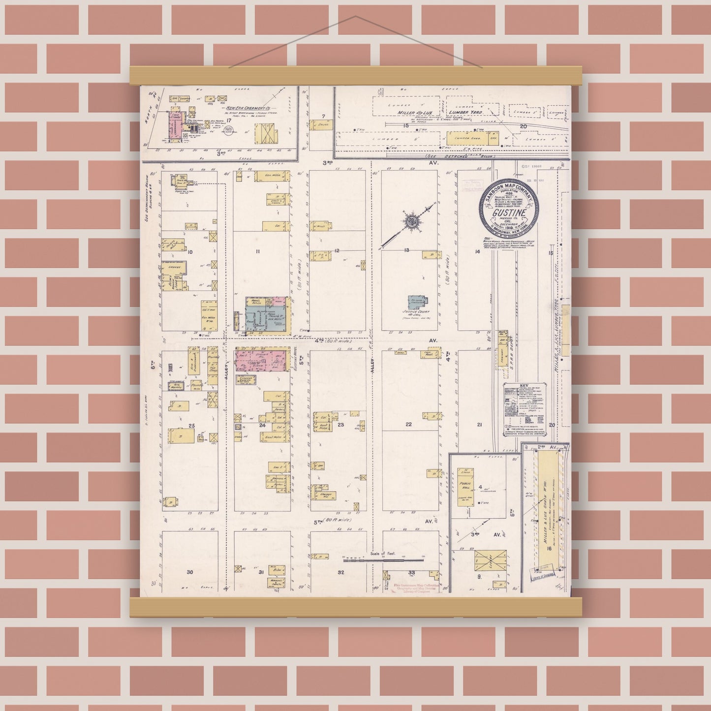 Old map wall art mockup — magnetic wood frame on brick wall — Sanborn Fire Insurance Map from Gustine, Merced County, California (1910), Sheet #0001