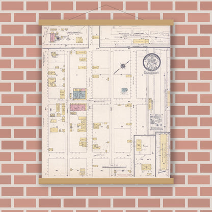 Old map wall art mockup — magnetic wood frame on brick wall — Sanborn Fire Insurance Map from Gustine, Merced County, California (1910), Sheet #0001