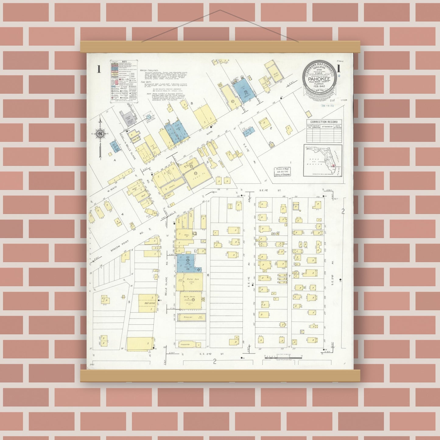 Old map wall art mockup — magnetic wood frame on brick wall — Sanborn Fire Insurance Map from Pahokee, Palm Beach County, Florida (1942), Sheet #0001