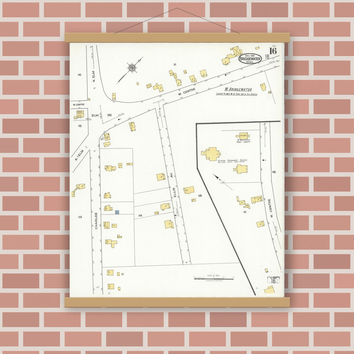 Old map wall art mockup — magnetic wood frame on brick wall — Sanborn Fire Insurance Map from Bridgewater, Plymouth County, Massachusetts (1921), Sheet #0016