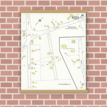 Old map wall art mockup — magnetic wood frame on brick wall — Sanborn Fire Insurance Map from Bridgewater, Plymouth County, Massachusetts (1921), Sheet #0016