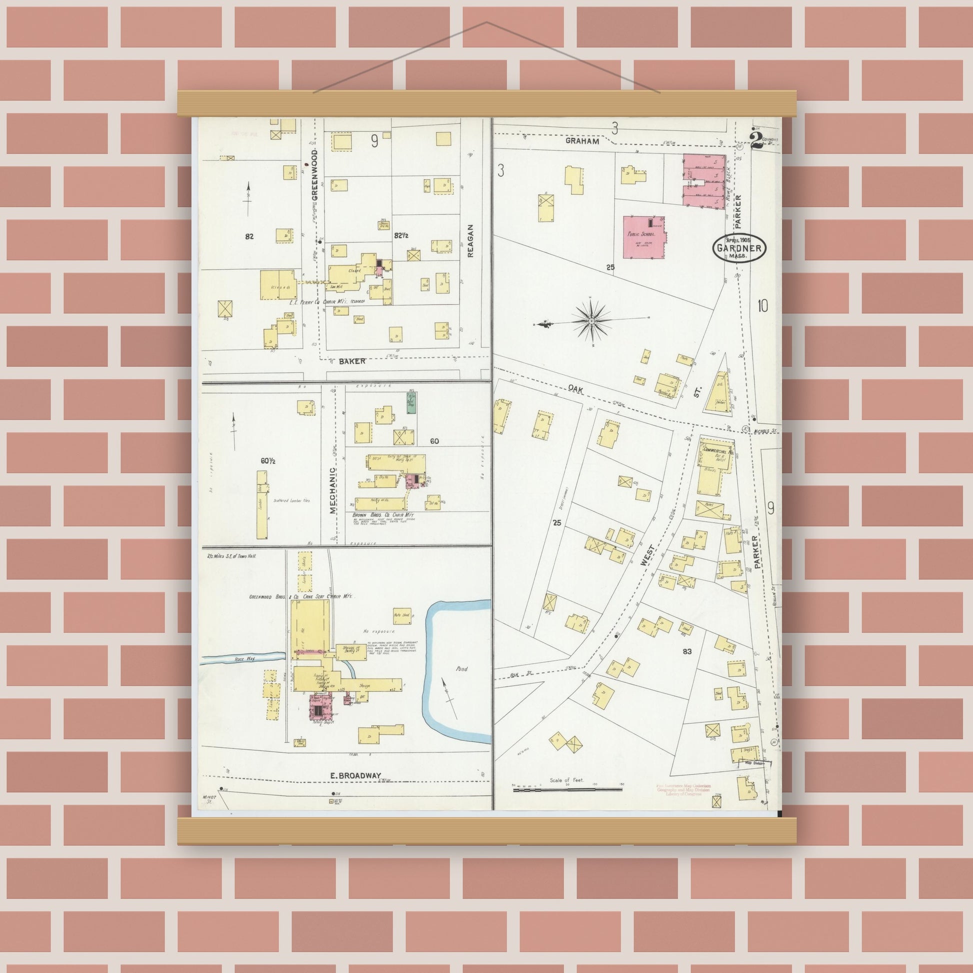 Old map wall art mockup — magnetic wood frame on brick wall — Sanborn Fire Insurance Map from Gardner, Worcester County, Massachusetts (1905), Sheet #0002