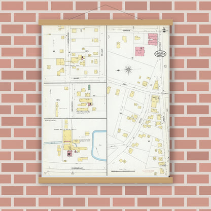 Old map wall art mockup — magnetic wood frame on brick wall — Sanborn Fire Insurance Map from Gardner, Worcester County, Massachusetts (1905), Sheet #0002
