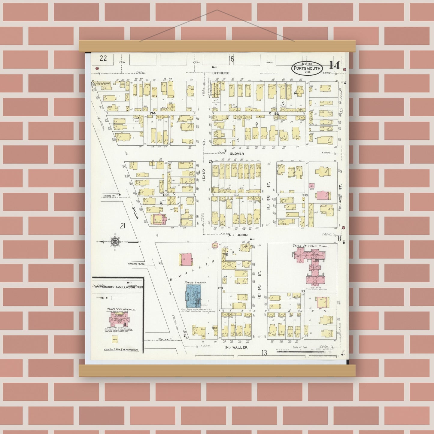 Old map wall art mockup — magnetic wood frame on brick wall — Sanborn Fire Insurance Map from Portsmouth, Scioto County, Ohio (1911), Sheet #0014