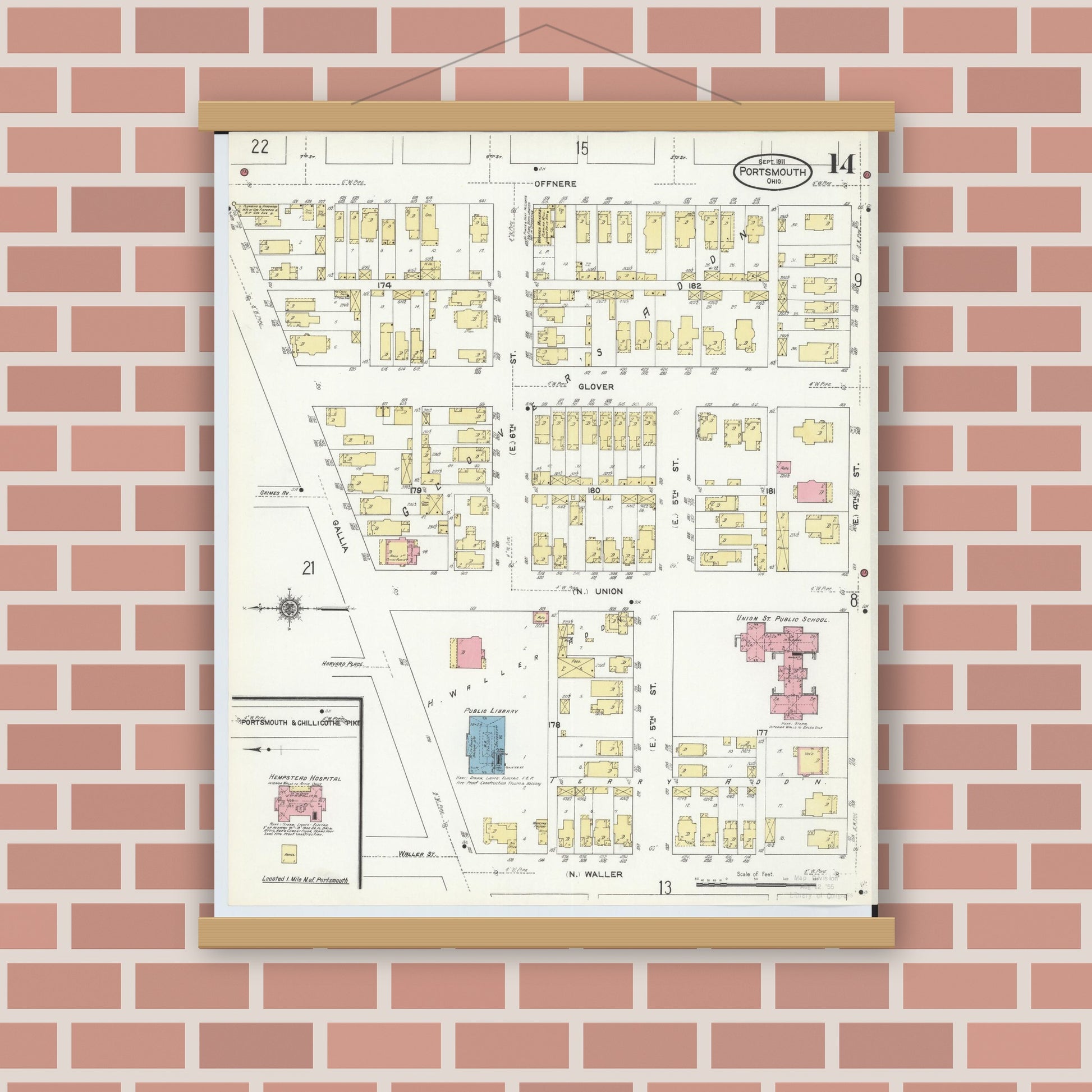 Old map wall art mockup — magnetic wood frame on brick wall — Sanborn Fire Insurance Map from Portsmouth, Scioto County, Ohio (1911), Sheet #0014
