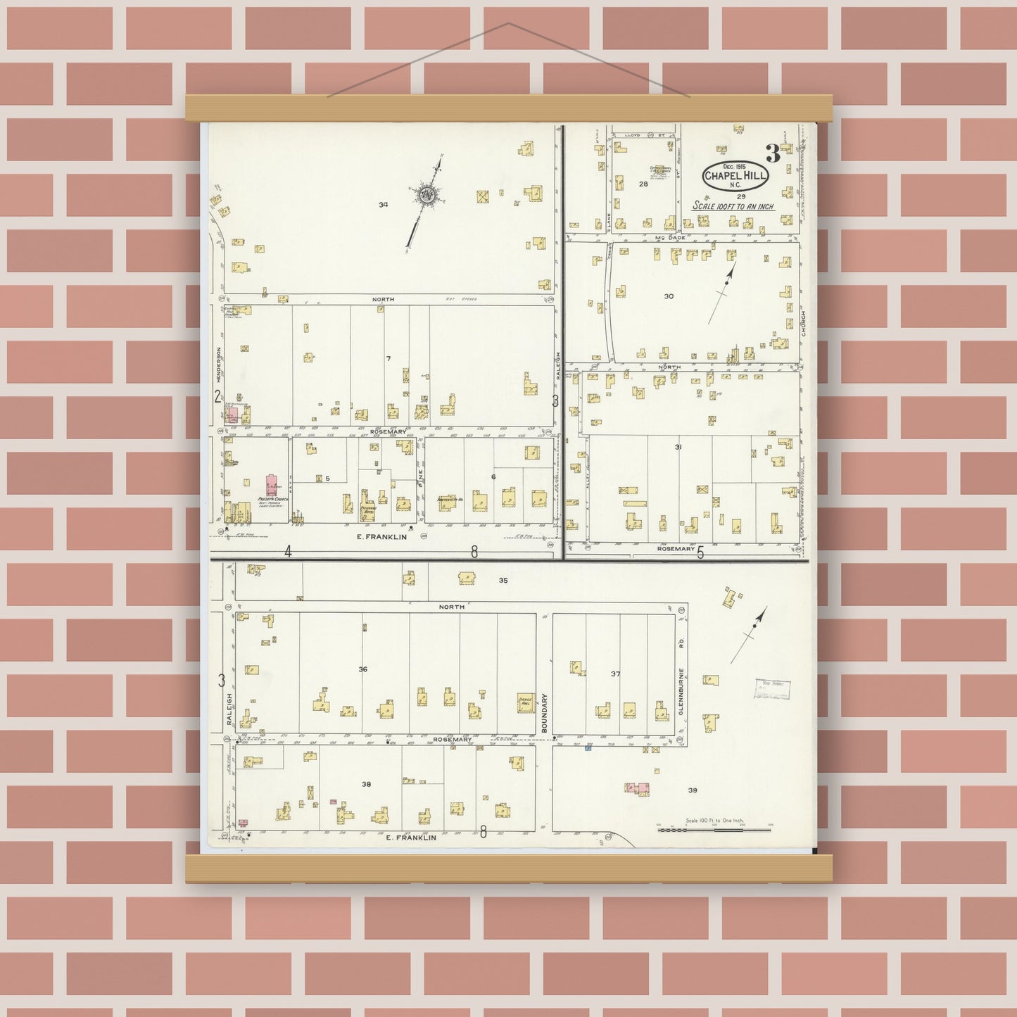 Old map wall art mockup — magnetic wood frame on brick wall — Sanborn Fire Insurance Map from Chapel Hill, Orange County, North Carolina (1915), Sheet #0003