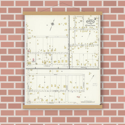 Old map wall art mockup — magnetic wood frame on brick wall — Sanborn Fire Insurance Map from Chapel Hill, Orange County, North Carolina (1915), Sheet #0003