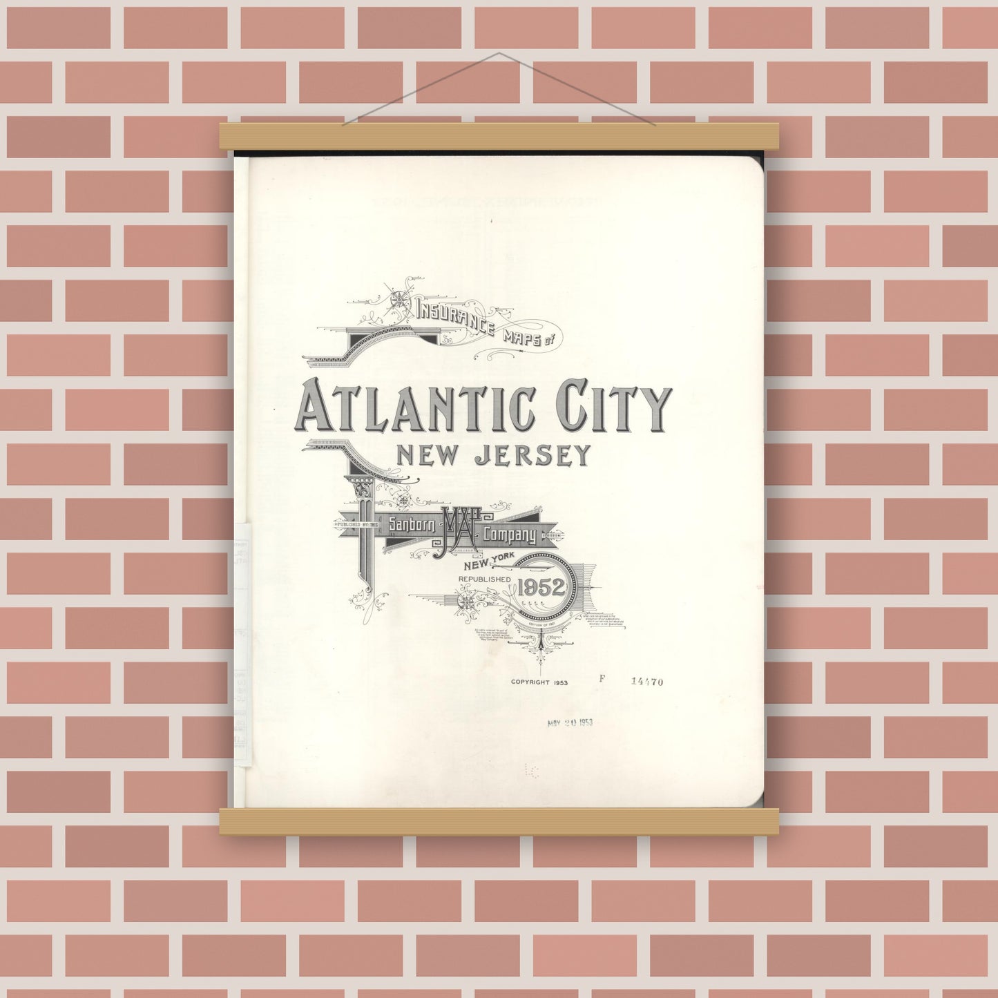 Old map wall art mockup — magnetic wood frame on brick wall — Sanborn Fire Insurance Map from Atlantic City, Atlantic County, New Jersey (1952), Sheet #0001