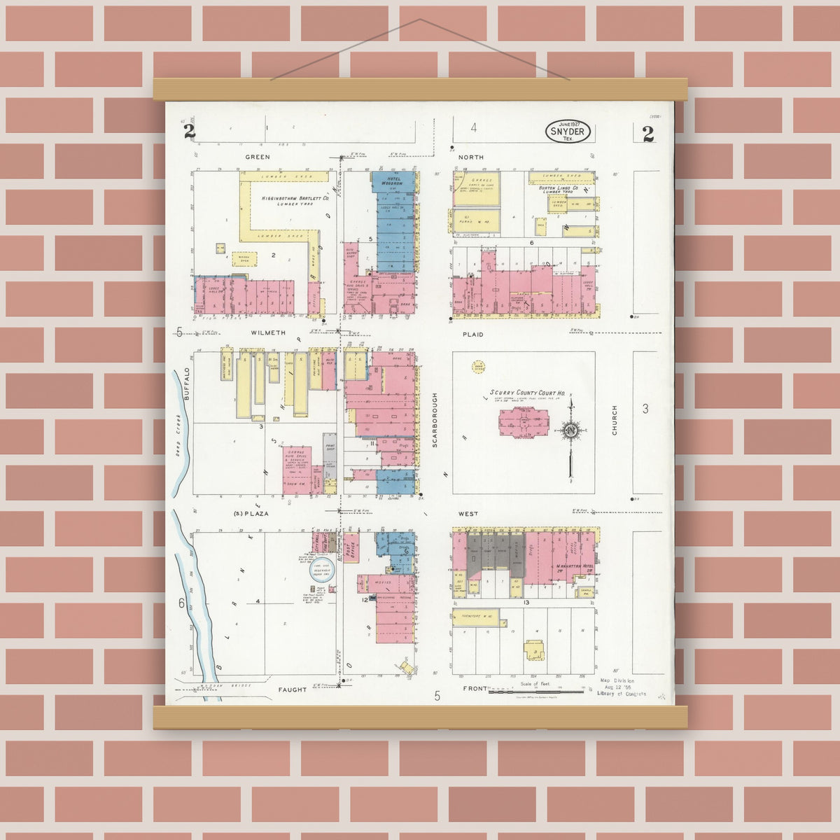 Old map wall art mockup — magnetic wood frame on brick wall — Sanborn Fire Insurance Map from Snyder, Scurry County, Texas (1927), Sheet #0002