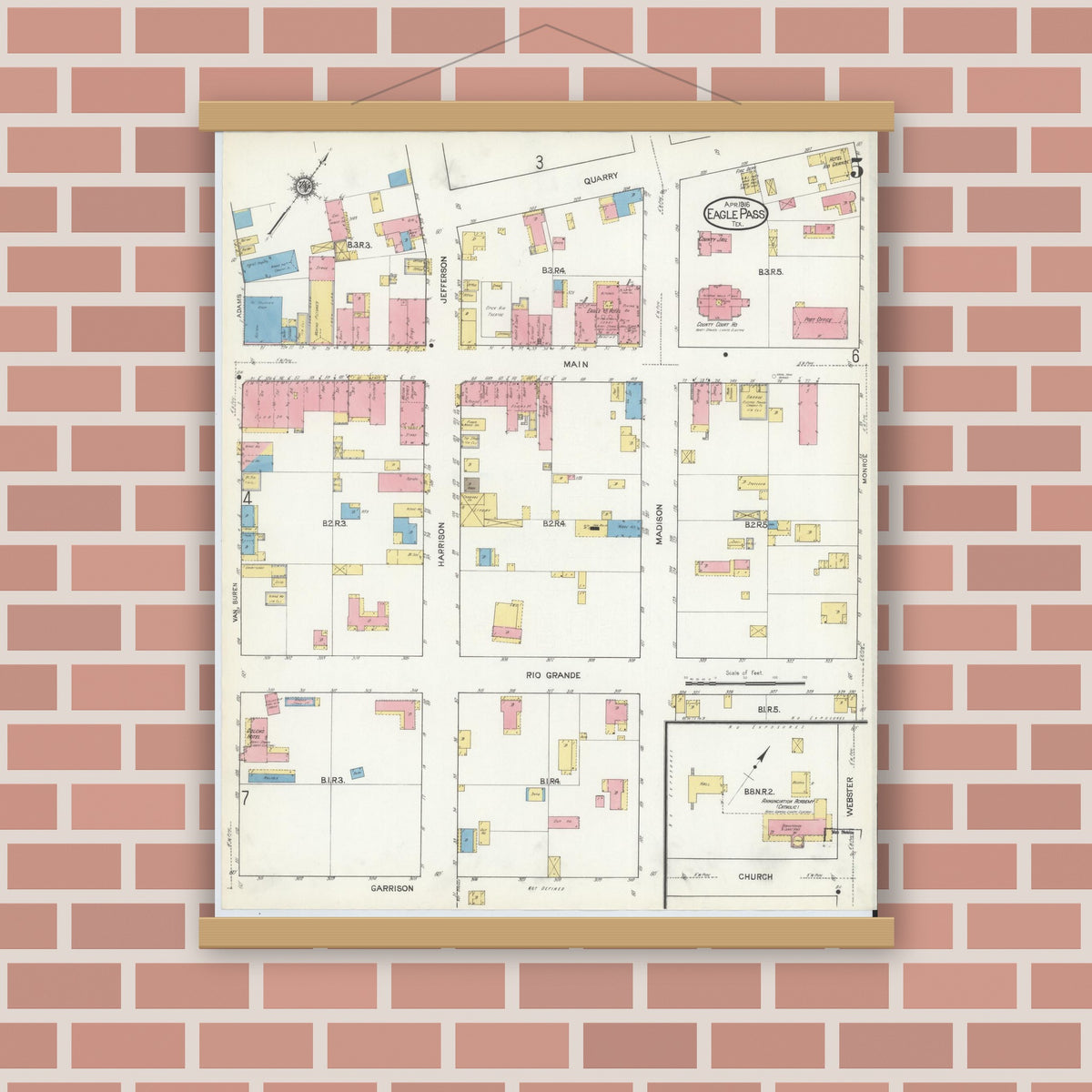 Old map wall art mockup — magnetic wood frame on brick wall — Sanborn Fire Insurance Map from Eagle Pass, Maverick County, Texas (1916), Sheet #0005