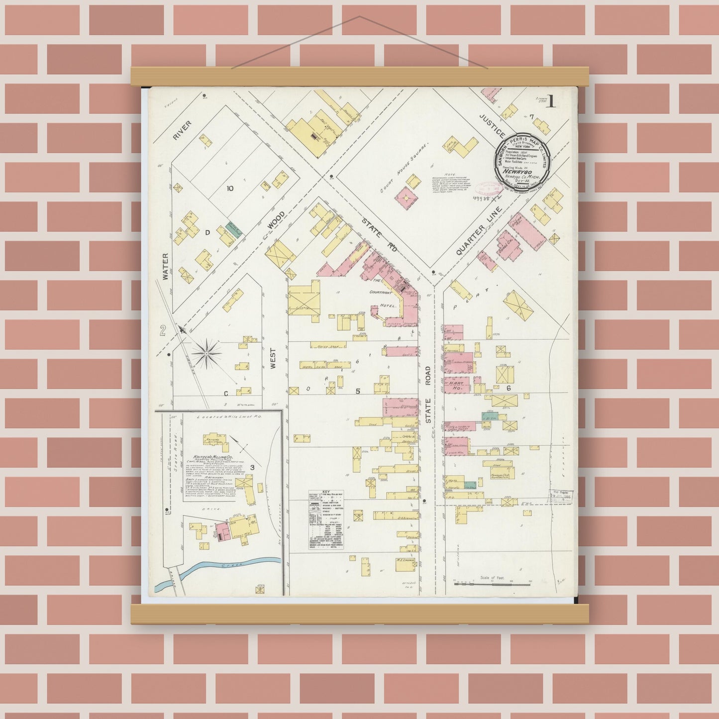 Old map wall art mockup — magnetic wood frame on brick wall — Sanborn Fire Insurance Map from Newaygo, Newaygo County, Michigan (1892) - Complete Map Set