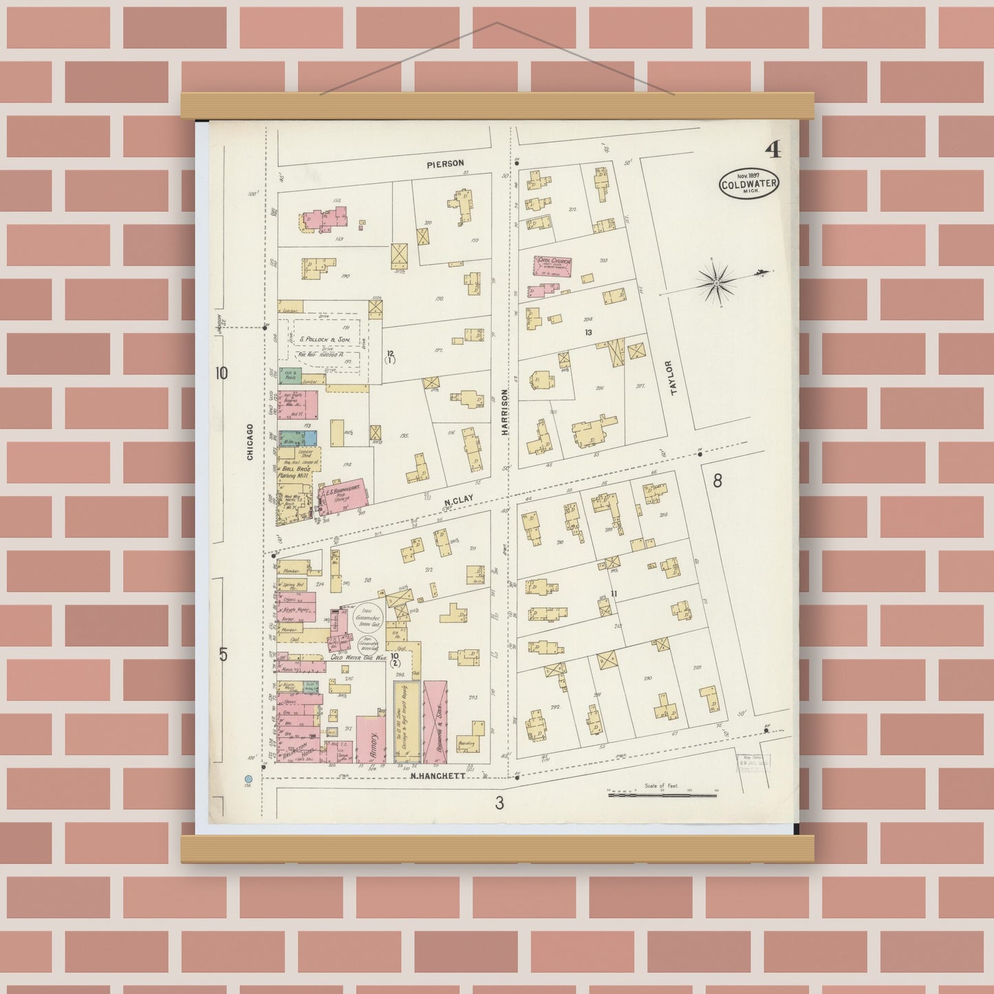 Old map wall art mockup — magnetic wood frame on brick wall — Sanborn Fire Insurance Map from Coldwater, Branch County, Michigan (1897), Sheet #0004