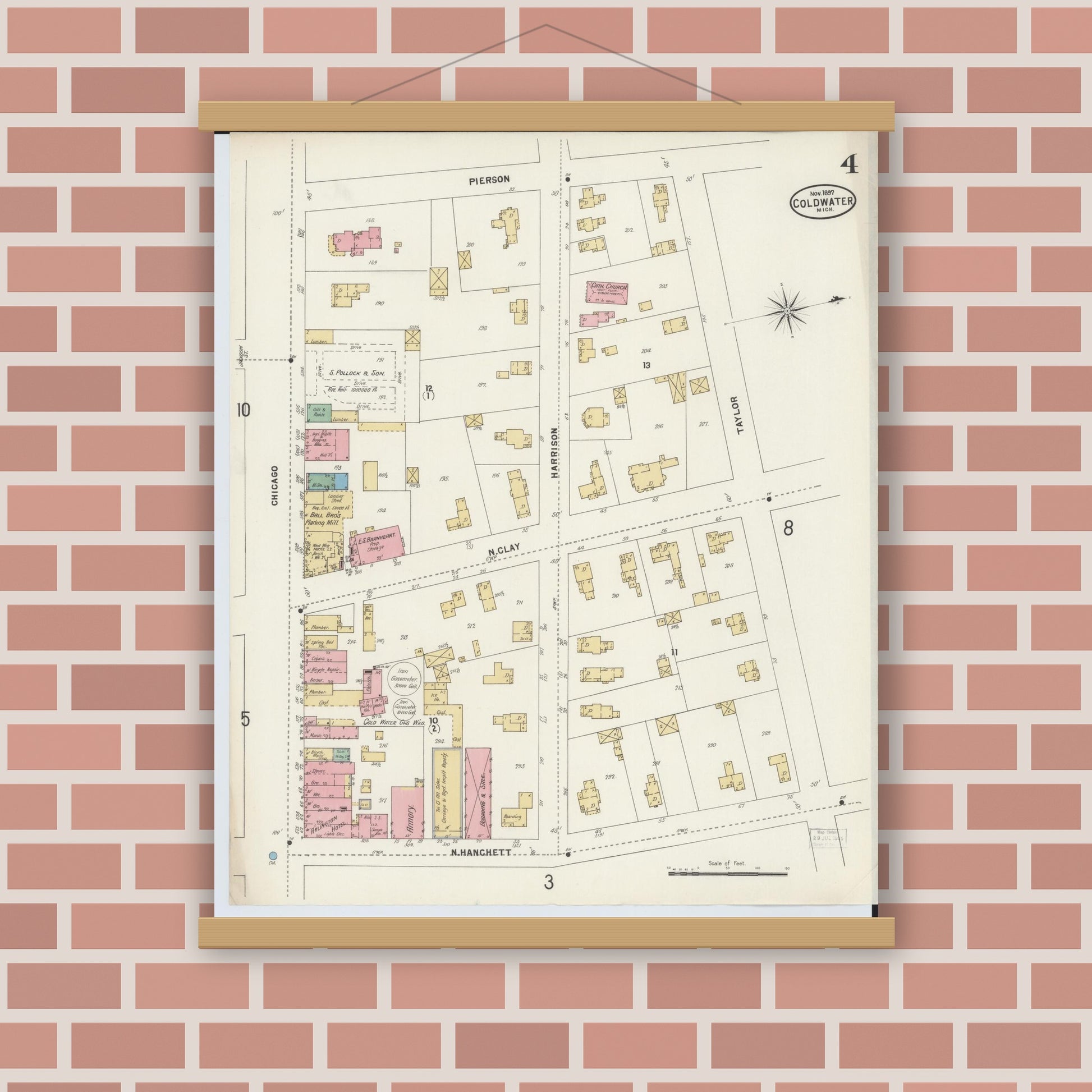 Old map wall art mockup — magnetic wood frame on brick wall — Sanborn Fire Insurance Map from Coldwater, Branch County, Michigan (1897), Sheet #0004