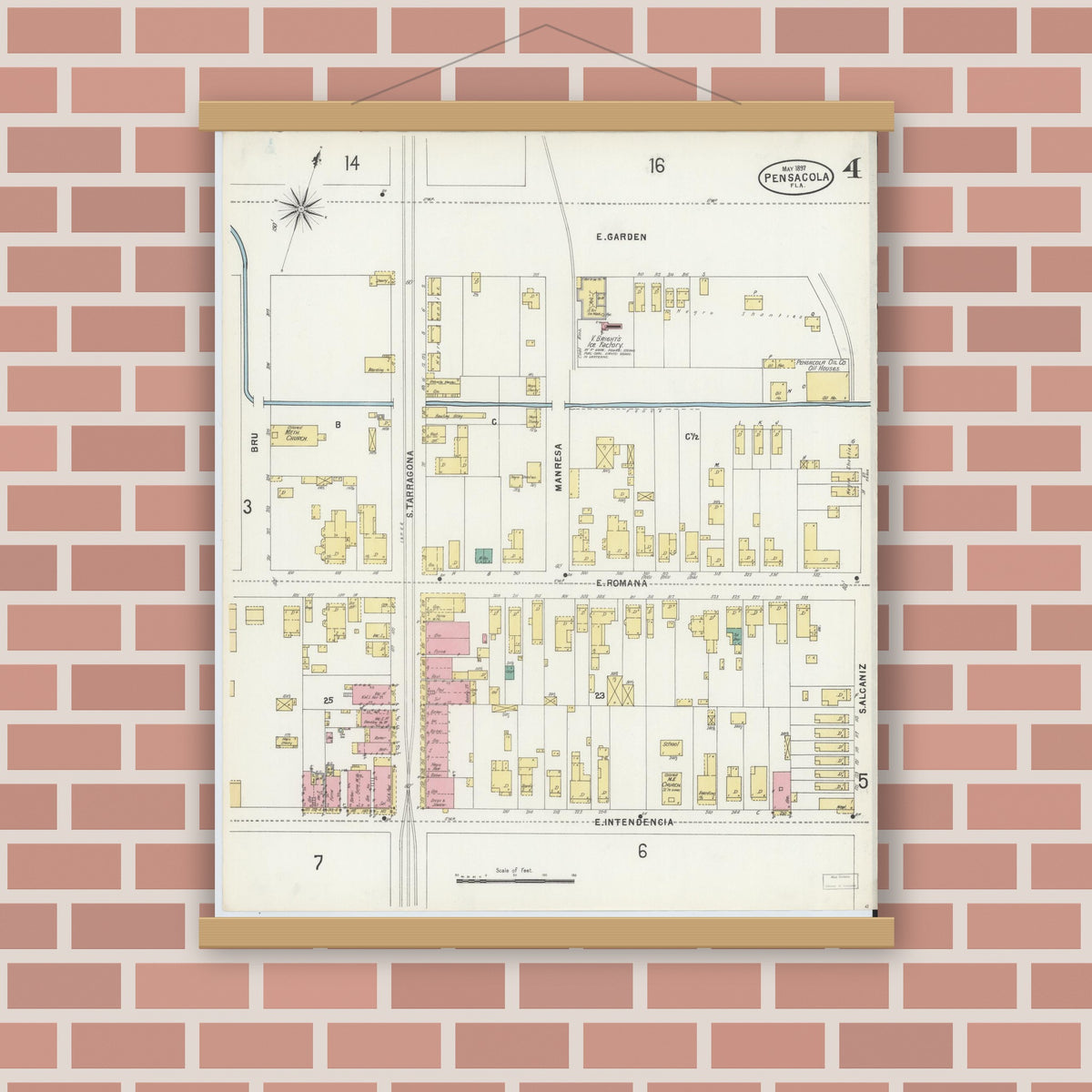 Old map wall art mockup — magnetic wood frame on brick wall — Sanborn Fire Insurance Map from Pensacola, Escambia County, Florida (1897), Sheet #0004