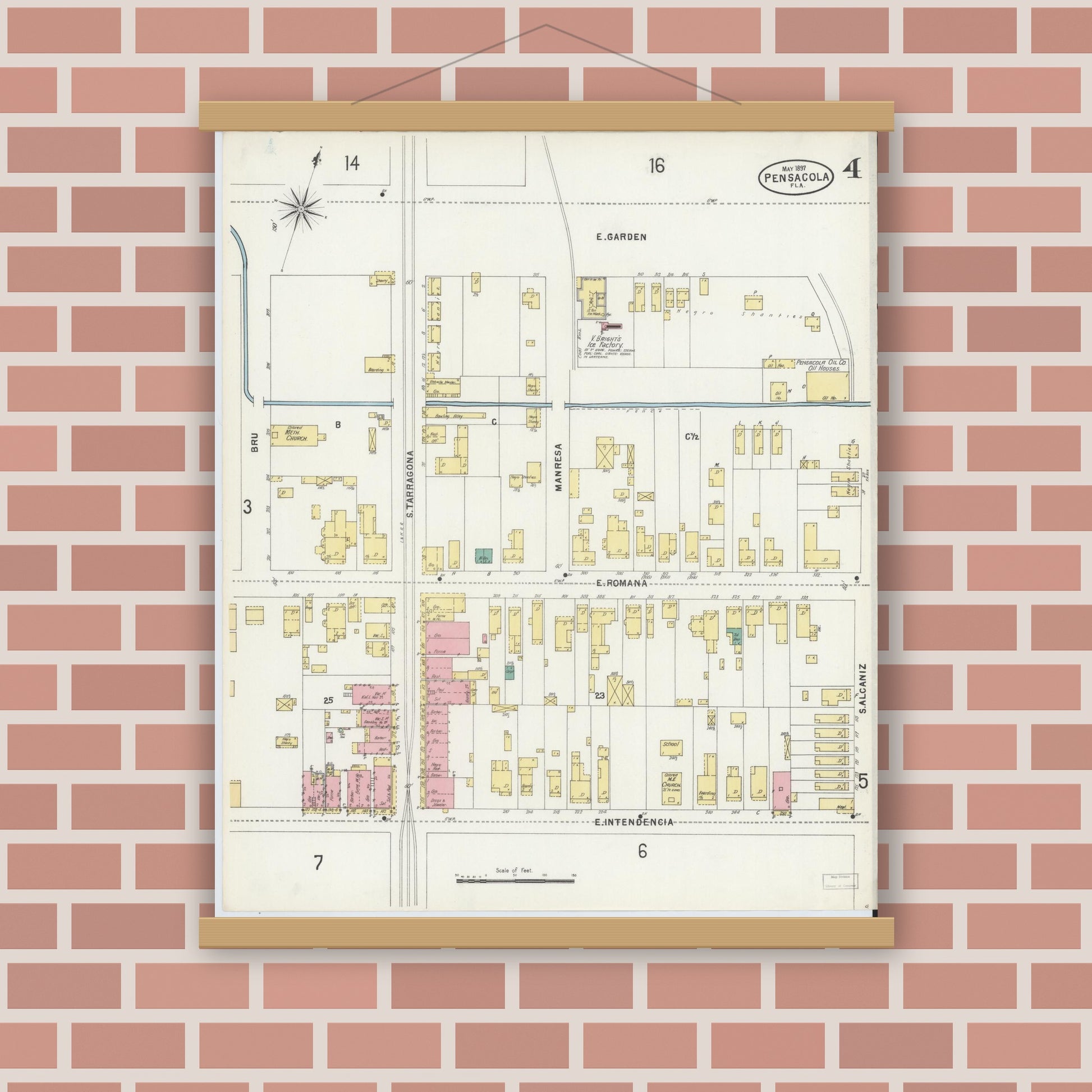 Old map wall art mockup — magnetic wood frame on brick wall — Sanborn Fire Insurance Map from Pensacola, Escambia County, Florida (1897), Sheet #0004