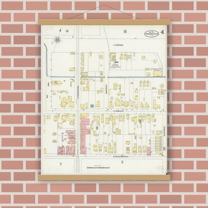 Old map wall art mockup — magnetic wood frame on brick wall — Sanborn Fire Insurance Map from Pensacola, Escambia County, Florida (1897), Sheet #0004