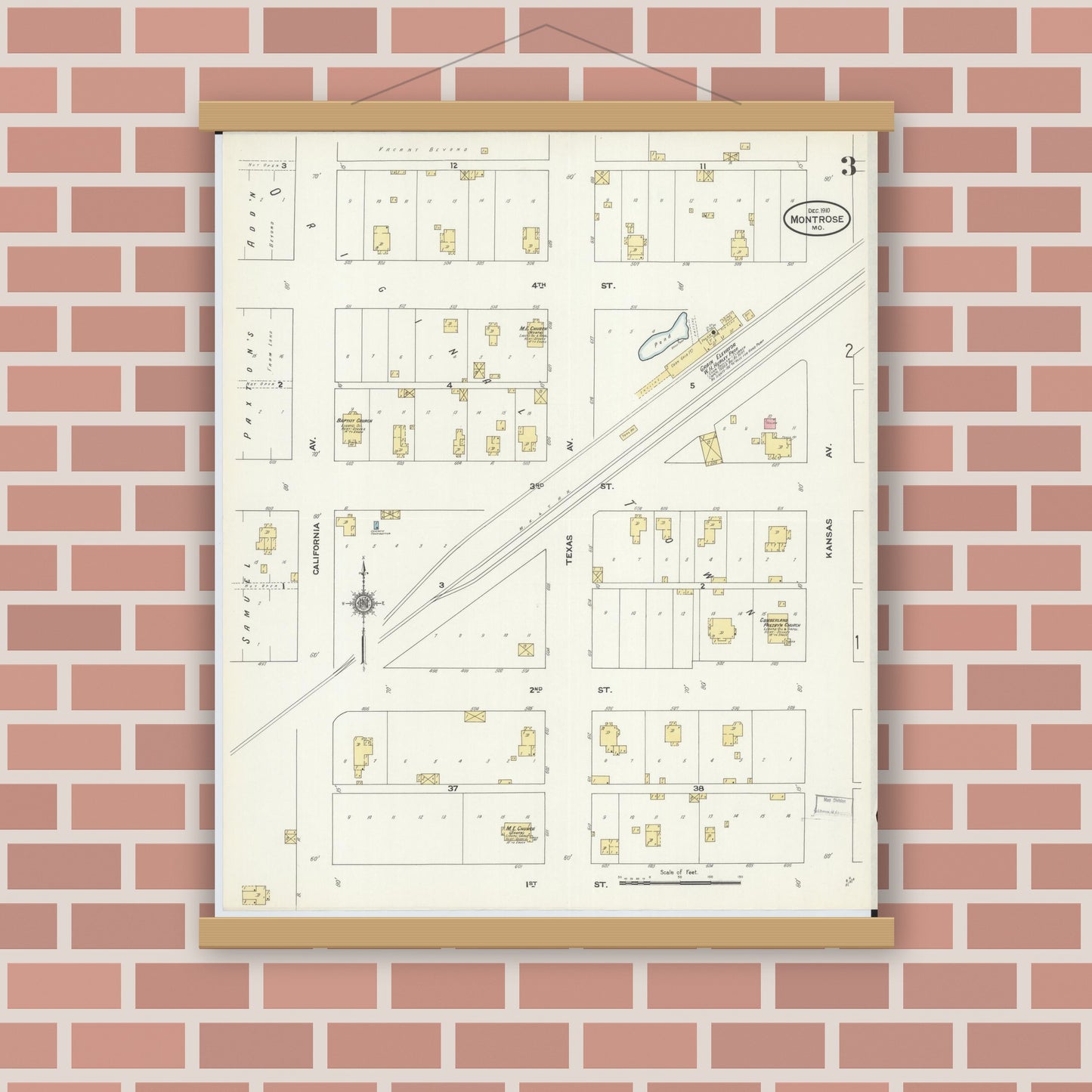Old map wall art mockup — magnetic wood frame on brick wall — Sanborn Fire Insurance Map from Montrose, Henry County, Missouri (1910), Sheet #0003