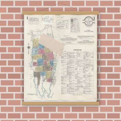 Old map wall art mockup — magnetic wood frame on brick wall — Sanborn Fire Insurance Map from Bellmore, Nassau County, New York (1945) - Complete Map Set