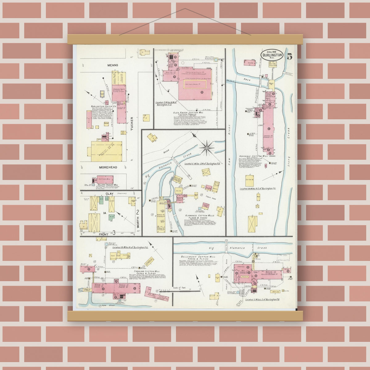Old map wall art mockup — magnetic wood frame on brick wall — Sanborn Fire Insurance Map from Burlington, Alamance County, North Carolina (1908), Sheet #0005