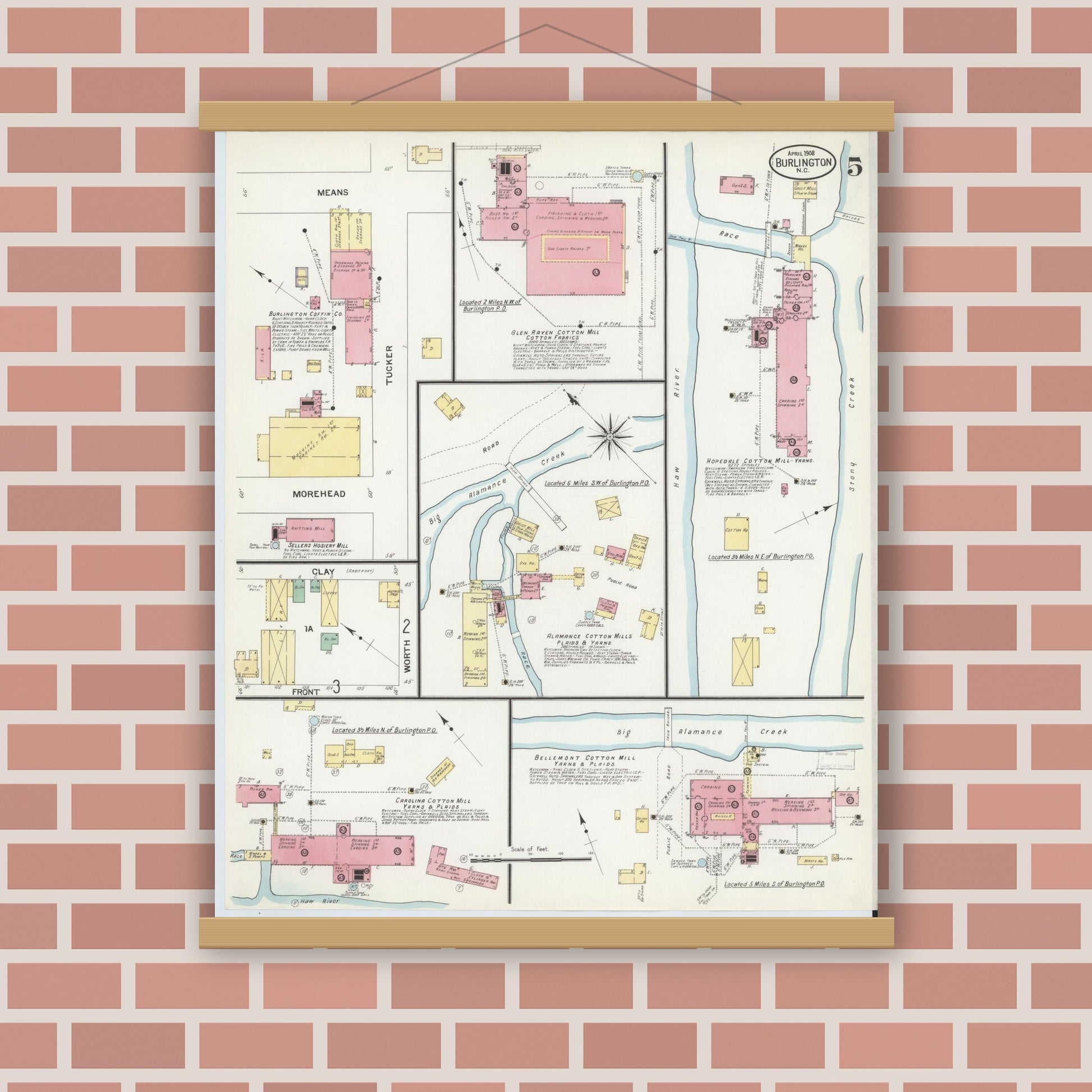Old map wall art mockup — magnetic wood frame on brick wall — Sanborn Fire Insurance Map from Burlington, Alamance County, North Carolina (1908), Sheet #0005