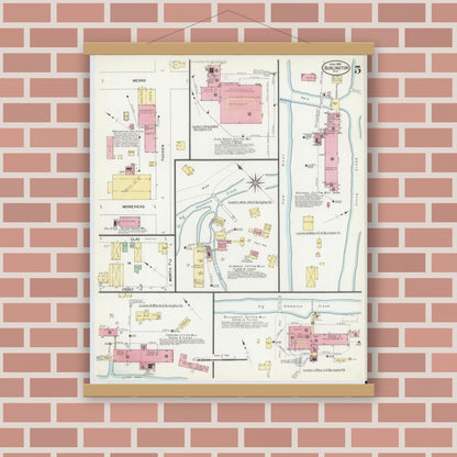 Old map wall art mockup — magnetic wood frame on brick wall — Sanborn Fire Insurance Map from Burlington, Alamance County, North Carolina (1908), Sheet #0005