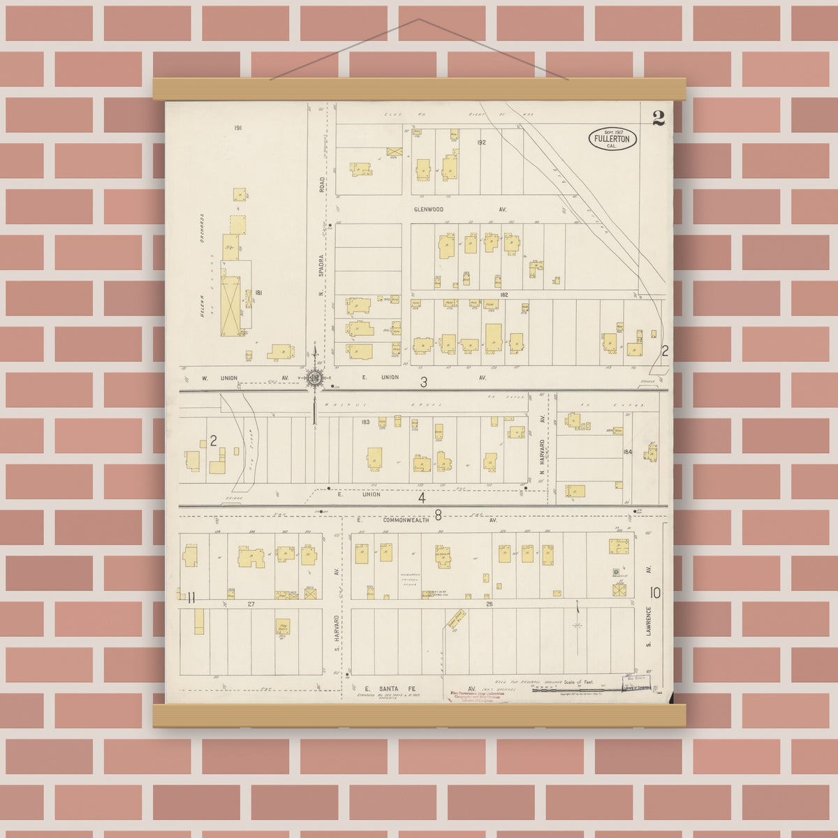 Old map wall art mockup — magnetic wood frame on brick wall — Sanborn Fire Insurance Map from Fullerton, Orange County, California (1917), Sheet #0002