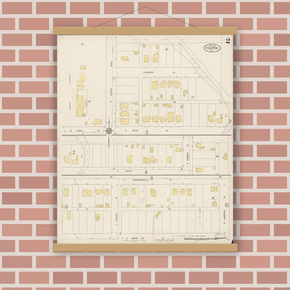 Old map wall art mockup — magnetic wood frame on brick wall — Sanborn Fire Insurance Map from Fullerton, Orange County, California (1917), Sheet #0002