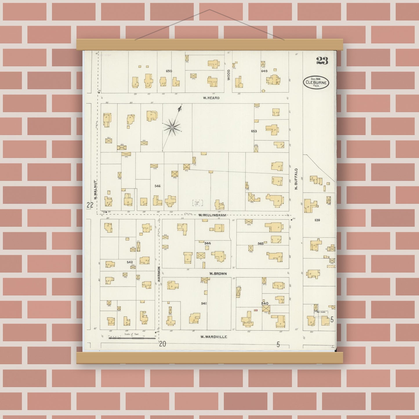 Old map wall art mockup — magnetic wood frame on brick wall — Sanborn Fire Insurance Map from Cleburne, Johnson County, Texas (1904), Sheet #0023