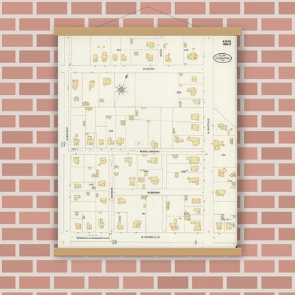 Old map wall art mockup — magnetic wood frame on brick wall — Sanborn Fire Insurance Map from Cleburne, Johnson County, Texas (1904), Sheet #0023