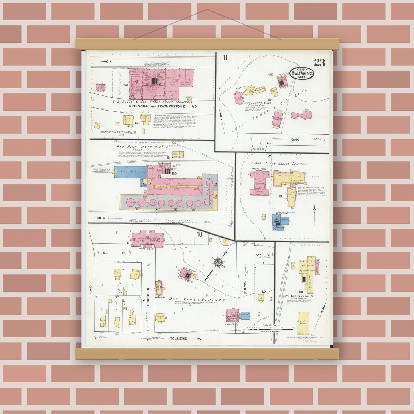 Old map wall art mockup — magnetic wood frame on brick wall — Sanborn Fire Insurance Map from Red Wing, Goodhue County, Minnesota (1917), Sheet #0023