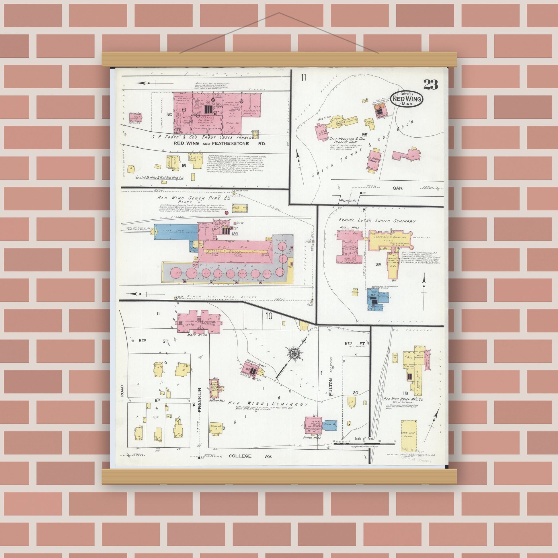 Old map wall art mockup — magnetic wood frame on brick wall — Sanborn Fire Insurance Map from Red Wing, Goodhue County, Minnesota (1917), Sheet #0023