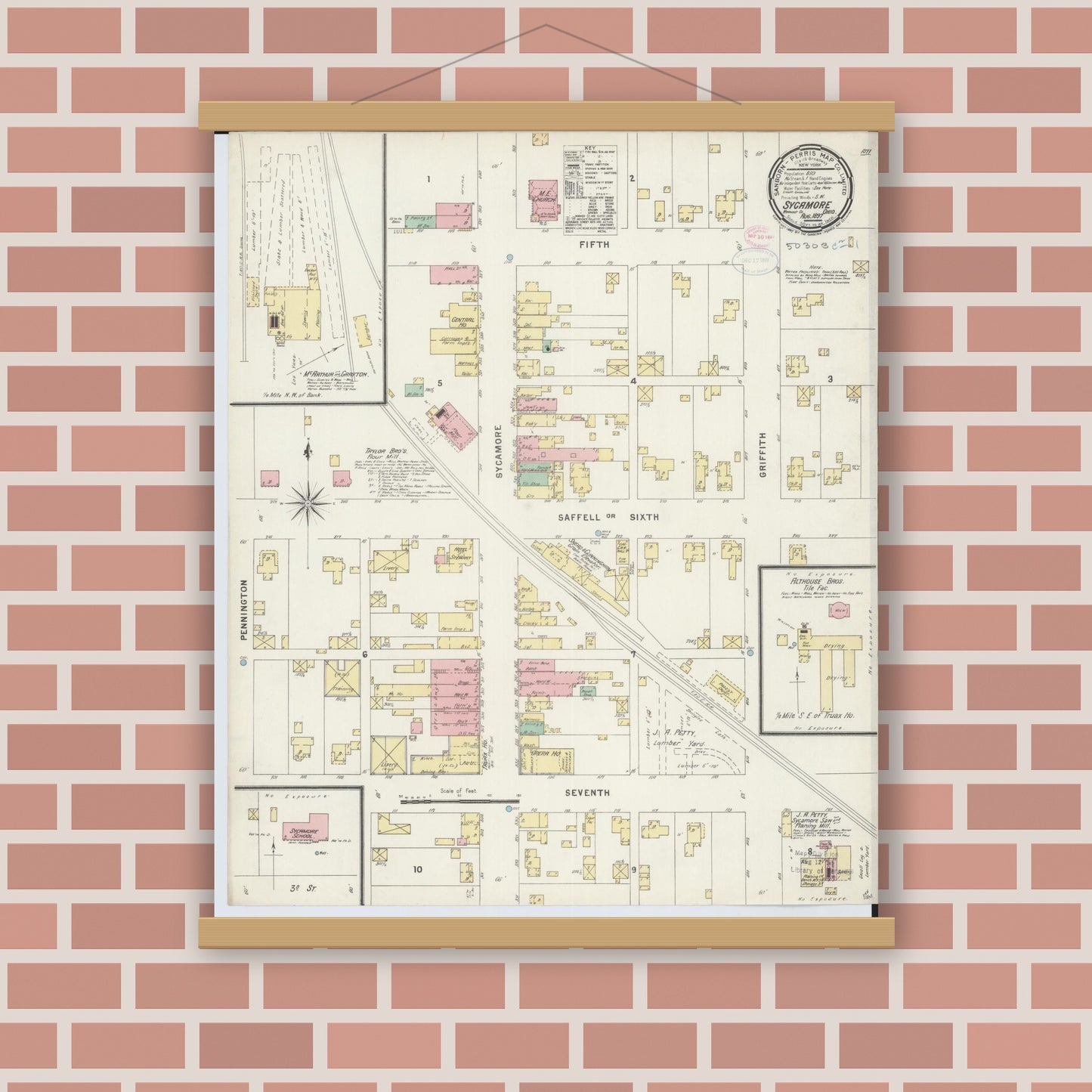 Old map wall art mockup — magnetic wood frame on brick wall — Sanborn Fire Insurance Map from Sycamore, Wyandot County, Ohio (1897), Sheet #0001