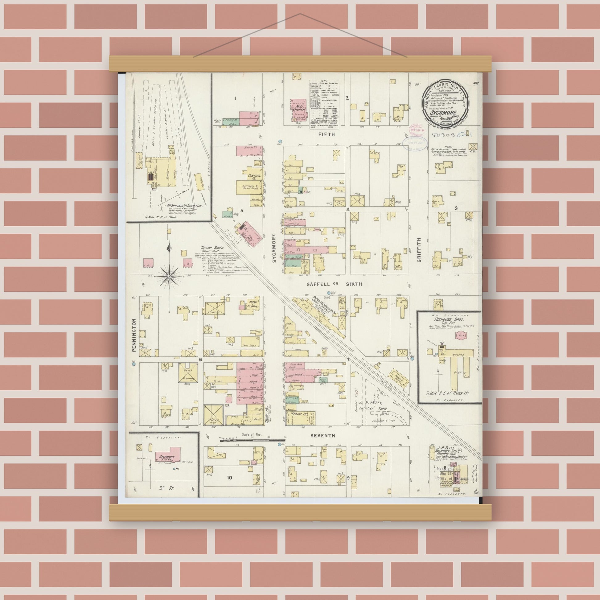 Old map wall art mockup — magnetic wood frame on brick wall — Sanborn Fire Insurance Map from Sycamore, Wyandot County, Ohio (1897), Sheet #0001