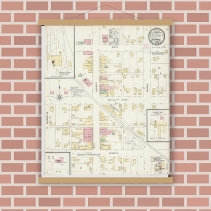 Old map wall art mockup — magnetic wood frame on brick wall — Sanborn Fire Insurance Map from Sycamore, Wyandot County, Ohio (1897), Sheet #0001