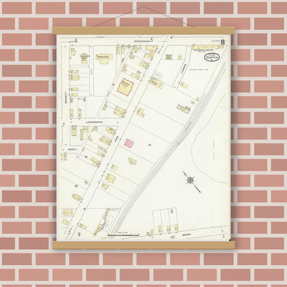 Old map wall art mockup — magnetic wood frame on brick wall — Sanborn Fire Insurance Map from Duryea, Luzerne County, Pennsylvania (1914), Sheet #0008