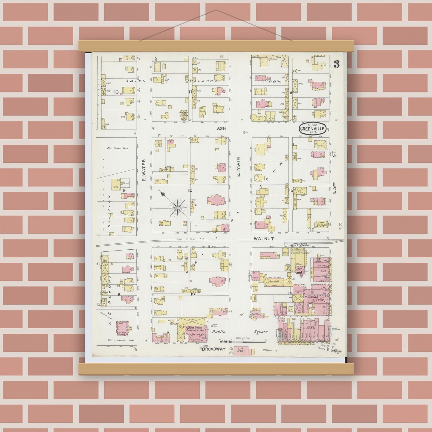 Old map wall art mockup — magnetic wood frame on brick wall — Sanborn Fire Insurance Map from Greenville, Darke County, Ohio (1892), Sheet #0003