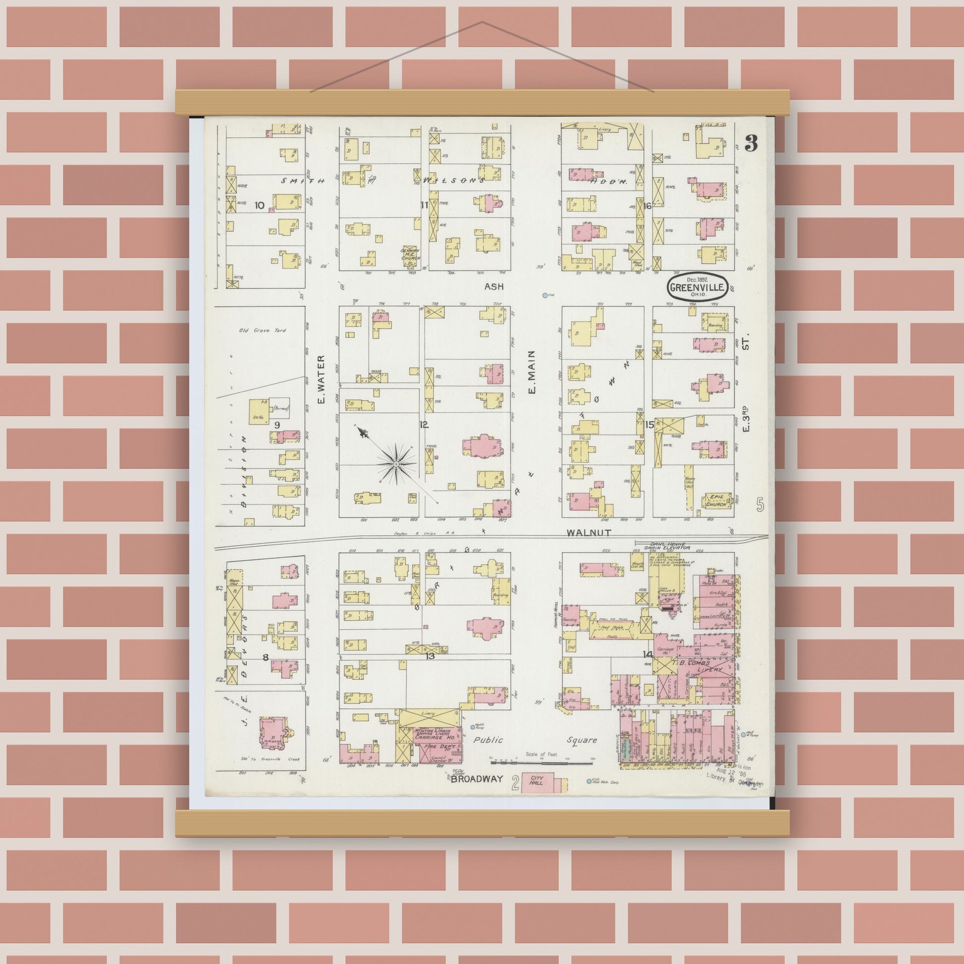Old map wall art mockup — magnetic wood frame on brick wall — Sanborn Fire Insurance Map from Greenville, Darke County, Ohio (1892), Sheet #0003