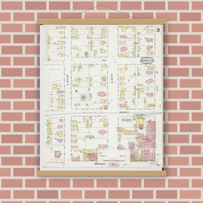 Old map wall art mockup — magnetic wood frame on brick wall — Sanborn Fire Insurance Map from Greenville, Darke County, Ohio (1892), Sheet #0003