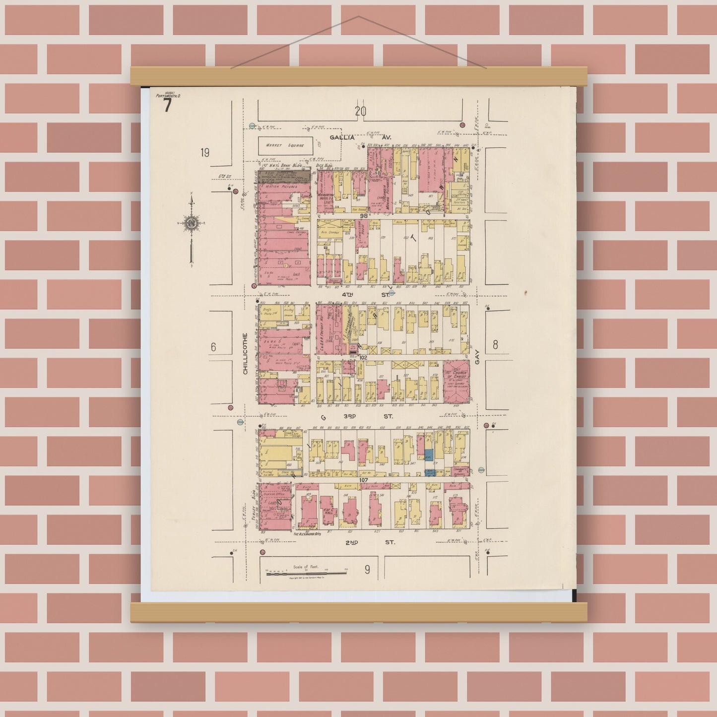 Old map wall art mockup — magnetic wood frame on brick wall — Sanborn Fire Insurance Map from Portsmouth, Scioto County, Ohio (1921), Sheet #0007
