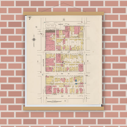 Old map wall art mockup — magnetic wood frame on brick wall — Sanborn Fire Insurance Map from Portsmouth, Scioto County, Ohio (1921), Sheet #0007