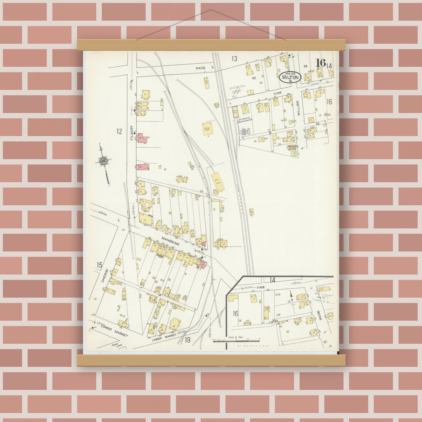 Old map wall art mockup — magnetic wood frame on brick wall — Sanborn Fire Insurance Map from Milton, Northumberland County, Pennsylvania (1913), Sheet #0016